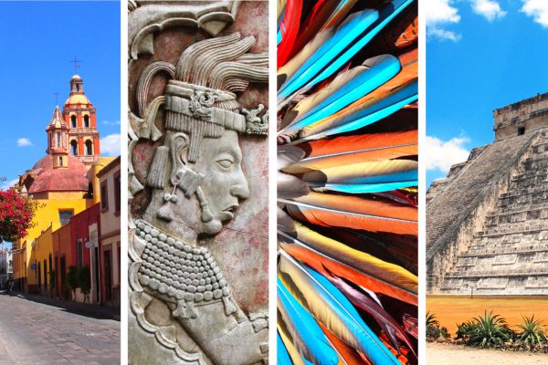 Collection Of Vertical Banners With Famous Landmarks Of Mexico - Pyramid Of Kukulcan, Bas-relief Of Mayan King Pakal, Tower Bell In Queretaro, Atlantean In Tula