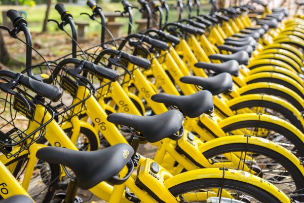 PHUKET, THAILAND - JANUARY 13, 2018 : The Yellow Bicycles Parking In The Park For The Smart City Project Managed By Government And Support By Ofo Bicycle Rental Company In Phuket On January 13, 2018.